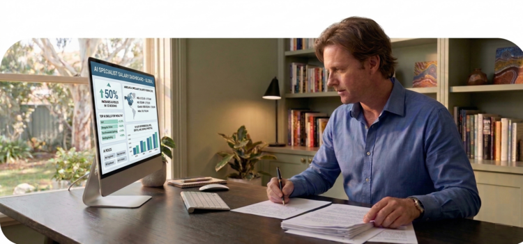 An Australian business owner analysing AI specialist salary breakdowns.