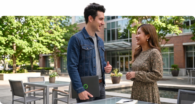 A man and woman discussing profiting from Earth Day 2026 theme.