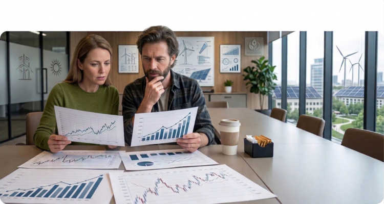 Collegues talking about the renewable energy sources boom due to the US Iran war.