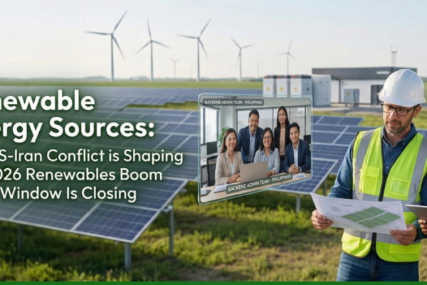 An image showing two renewable energy sources professionals, a floating screen for backend admin against a solar panel field