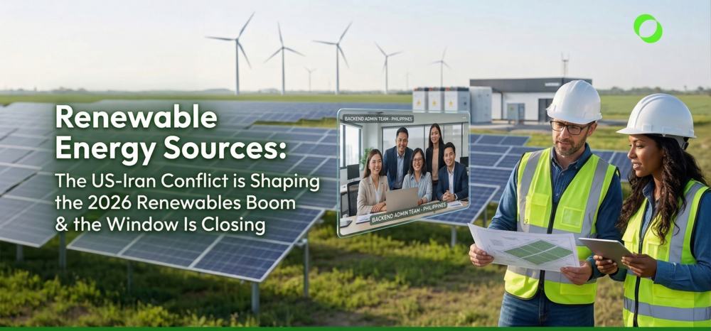 An image showing two renewable energy sources professionals, a floating screen for backend admin against a solar panel field