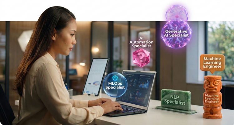 An AI ML specialist surrounded by bubbles of the types of AI and machine learning specialists.