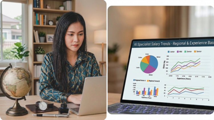 An offshore worker looking at AI specialist salary graphs.